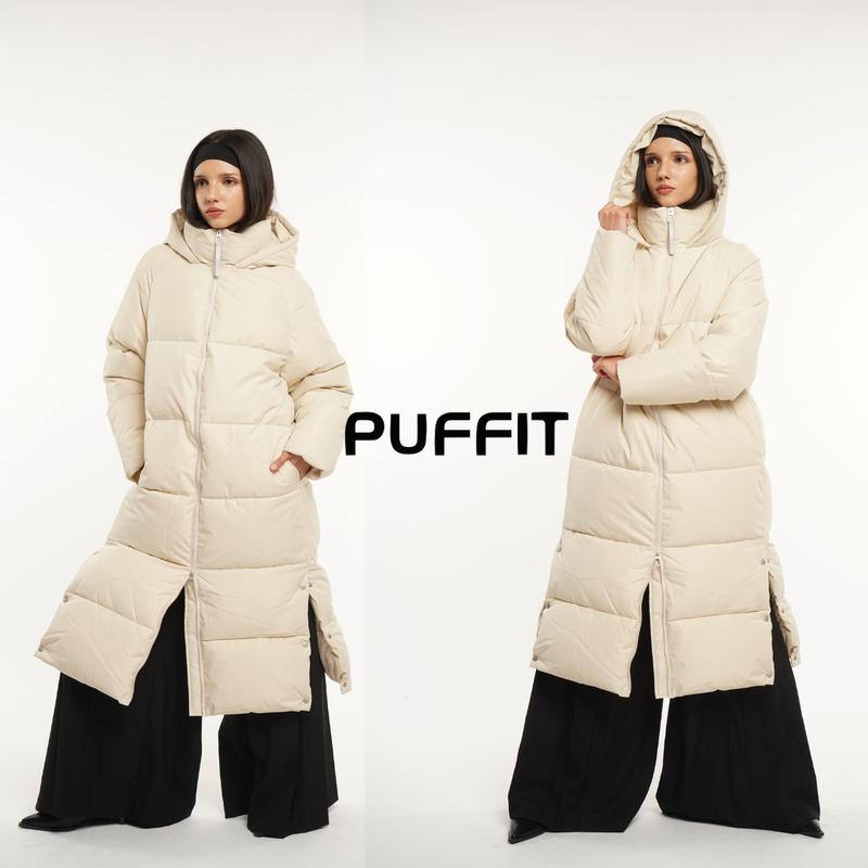 PUFFIT Extra Long Double-open Zip Hooded  Puffer Jacket Womenswear Coats, Thicken Warm Winter Coat for Women, Water Repellent,Two-Way Winter Coat