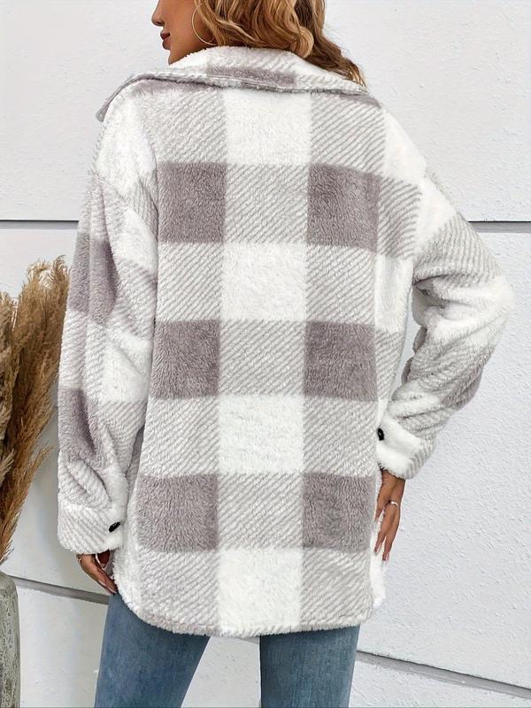  Plaid Print Button Front Fuzzy Jacket, Casual Long Sleeve Collared Outerwear for Fall & Winter, Women's Clothes for Daily Wear