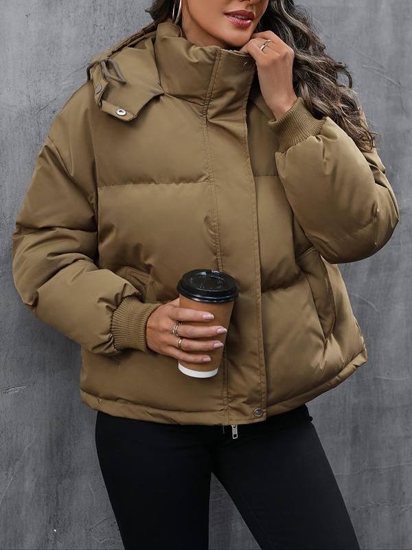 Women's Solid Color Quilted Thickened Warm Hooded Jacket, Casual Drawstring Long Sleeve Zip Up Outerwear for Fall & Winter, Women's Clothes for Daily Wear