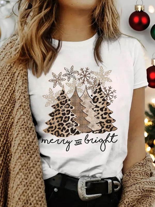 Women's Christmas Tree & Letter & Snowflakes Print Round Neck Tee, Casual Short Sleeve Crew Neck T-Shirt for Daily Wear, Ladies Clothes for All Seasons