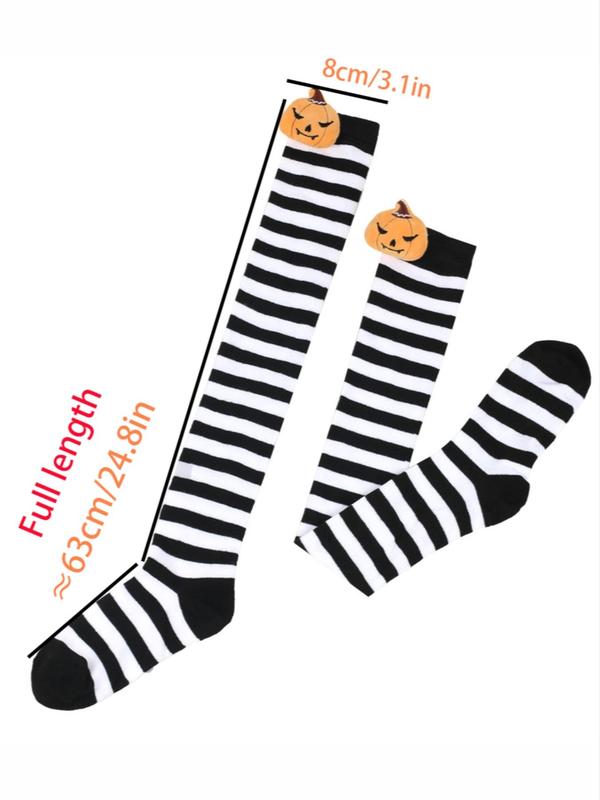 4 Pairs Christmas High Thigh Socks Women's Plain Striped Print Over The Knee Socks, Casual Comfy Breathable Halloween Pumpkin Decor High Stretch Socks for Holiday Party, Ladies Socks for Fall & Winter