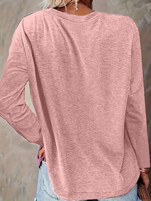 Women's Bull & Letter Print Round Neck Tee, T Shirts for Women, Casual Long Sleeve Crew Neck T-shirt for Daily Wear, Ladies Clothes for All Seasons