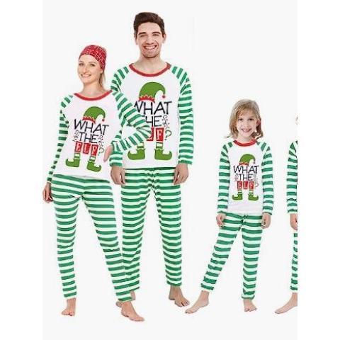 HS4997 Playful Elf Christmas Family Set, Green and White Striped Parent-Child Home Clothes