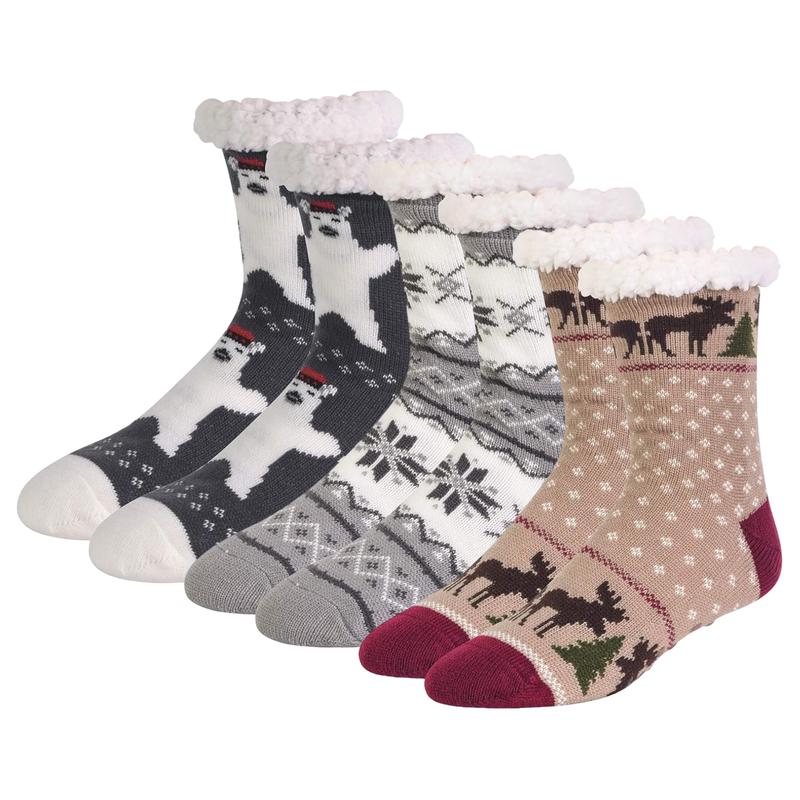 3 Pairs Fuzzy Non Slip Slipper Socks with Grippers Christmas Gifts Fleece Lined Warm Lining Xmas Party Fluffy Non Skid Ripple Sleeping Socks Winter