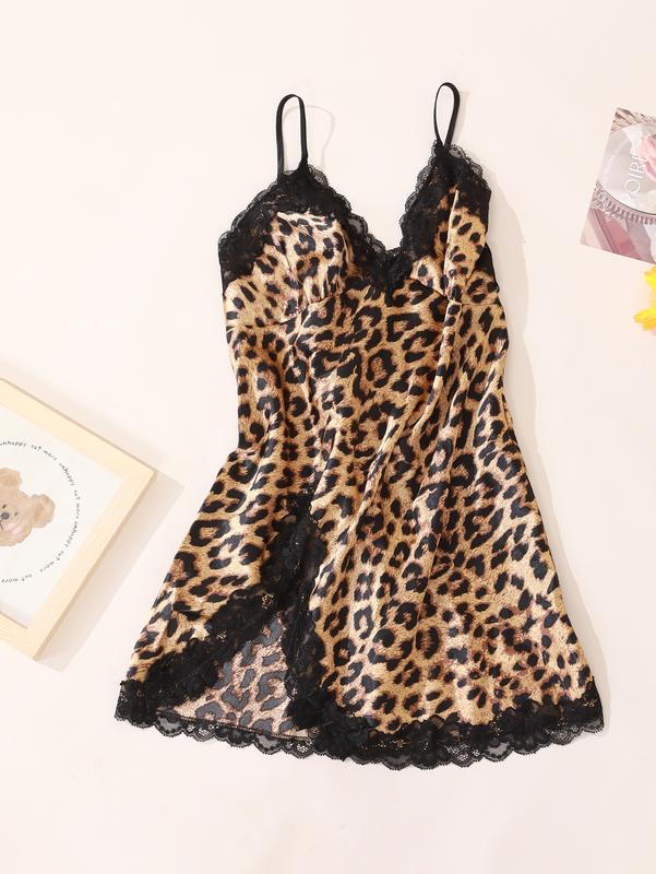 Women's Leopard Print Contrast Lace Criss  Womenswear Loungewear Nightwear Underwear Lady Homewear Sleeveless Comfort   cami nightdress