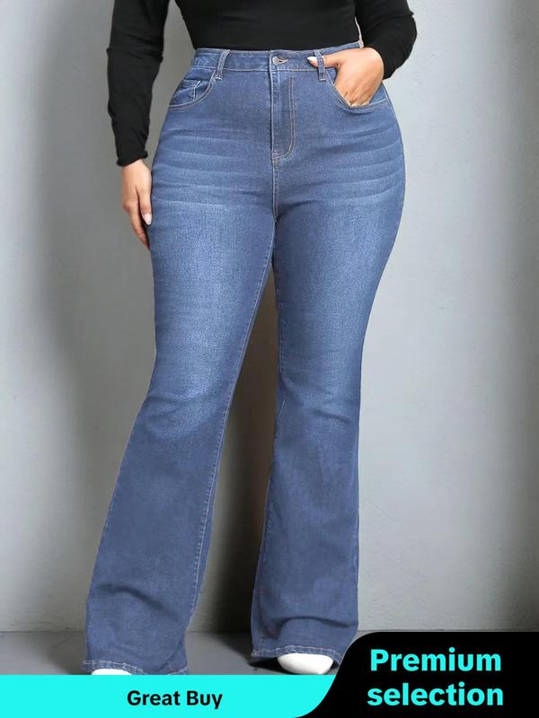  Plain Pocket Button Flare Leg Jeans, Plus Casual Comfy Bell Bottom Denim Pants for Daily Wear, Jeans for Women, Women's Plus Clothing for Fall, Fall Outfits, Fallfreshness Clothes