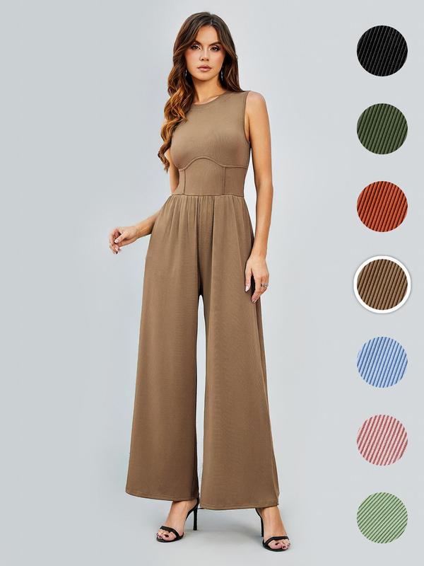 Women's Wide Leg Body Jumpsuit, Summer Clothes, Chic Elegant Trendy Sleeveless Crewneck Formal Elegant Jumpsuit for Women, Lady One-piece Bodysuit Jumpsuit Christmas