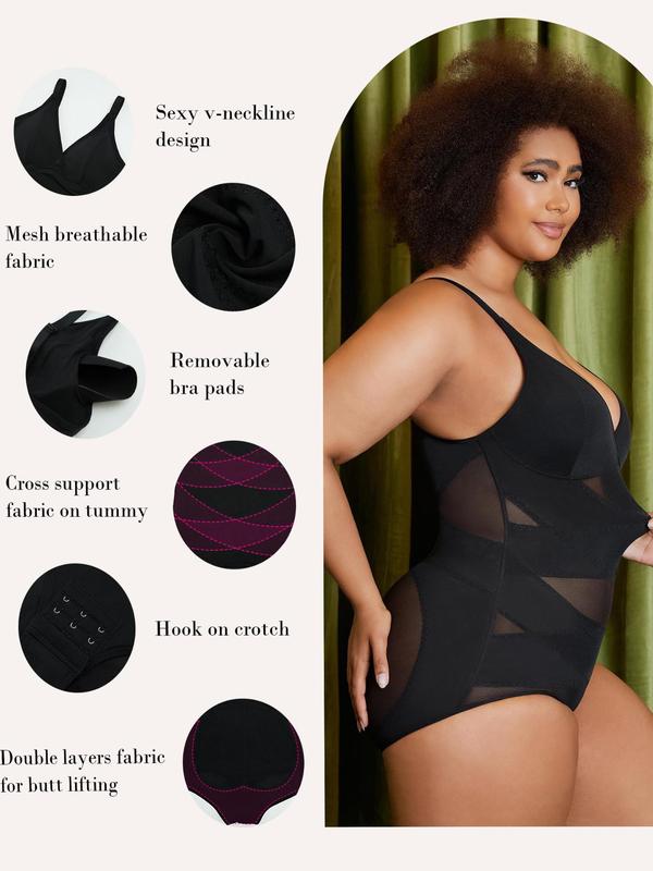 Plus Size Contrast Mesh Sheer Shapewear Bodysuit, Adjustable Strap High Stretch Shaper, Tummy Control Butt Lifter, Women's Shapewear for All Seasons