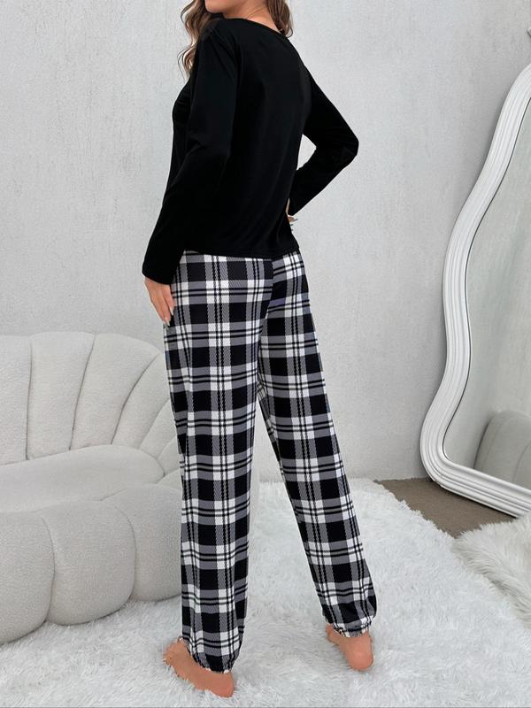 Two-Piece Set Women's Coffee Print Pajama Set, Casual Long Sleeve Tee & Bow Decor Pants for Daily Home Wear, Women's Sleepwear & Loungewear Set for Spring & Fall