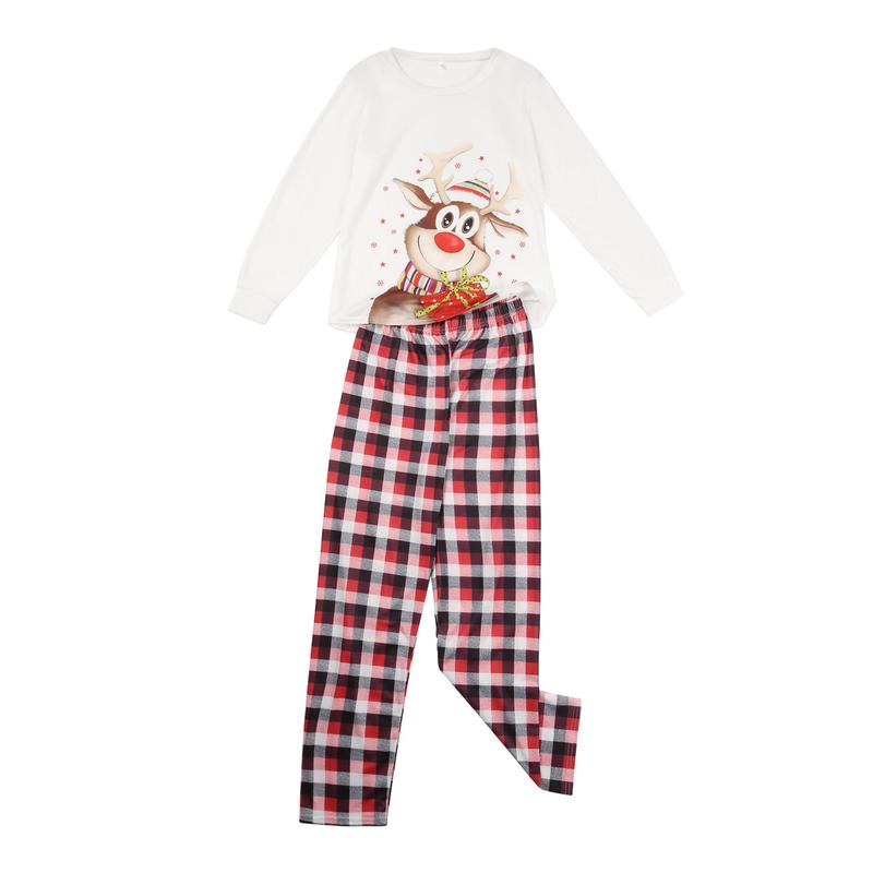 Matching Christmas Pajamas For Family, Elk Print O-Neck Long Sleeve Tops+ Plaid Long Pants for Kids Adults