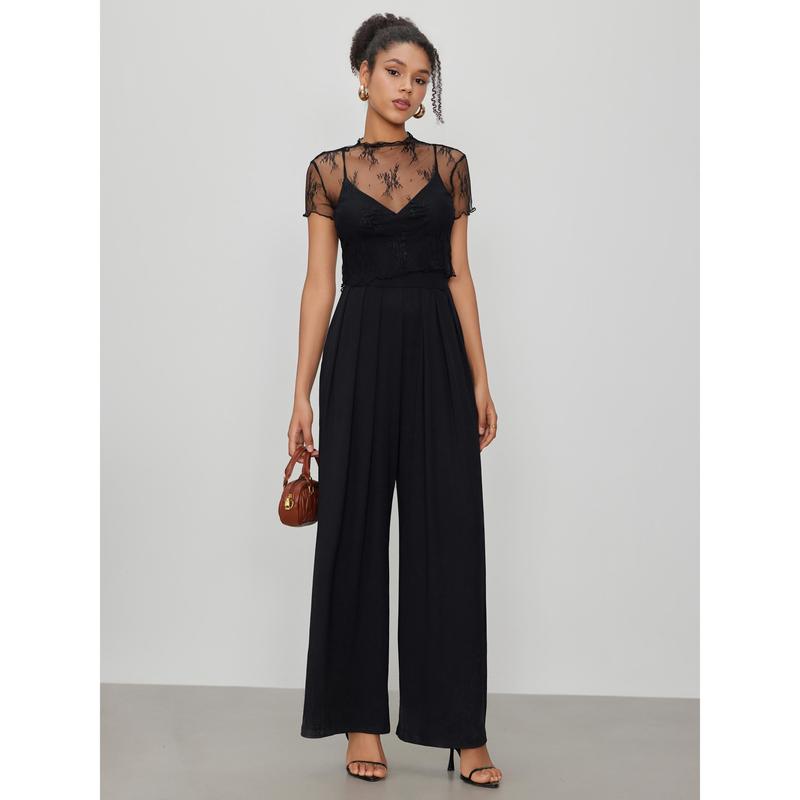 Cider [size 2-26] Lace See-through Top & V Neck Wide Leg Jumpsuit