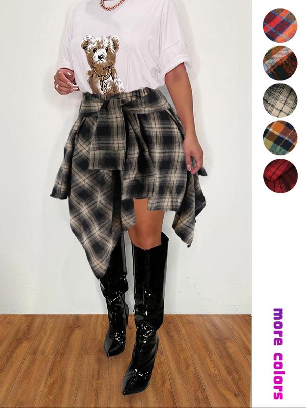 Women's Plaid Print Asymmetrical Hem Skirt, Casual Fashion Tie Front A Line Skirt for Daily Wear, Ladies Fall Clothes, Experimental Outfits, Preppy 80s Clothes Tweed Skirt