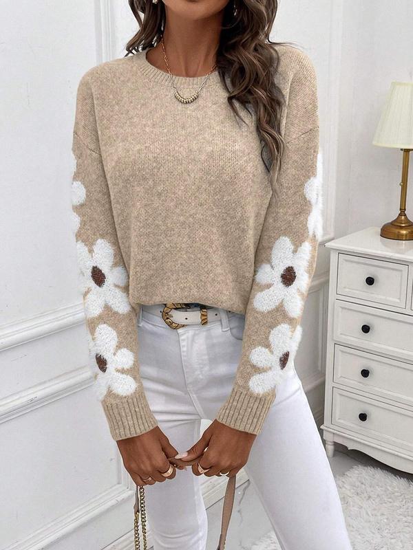 Women's Floral Jacquard Drop Shoulder Sweater, Casual Long Sleeve Round Neck Jumper for Fall & Winter, Fashion Ladies' Knitwear for Daily Wear