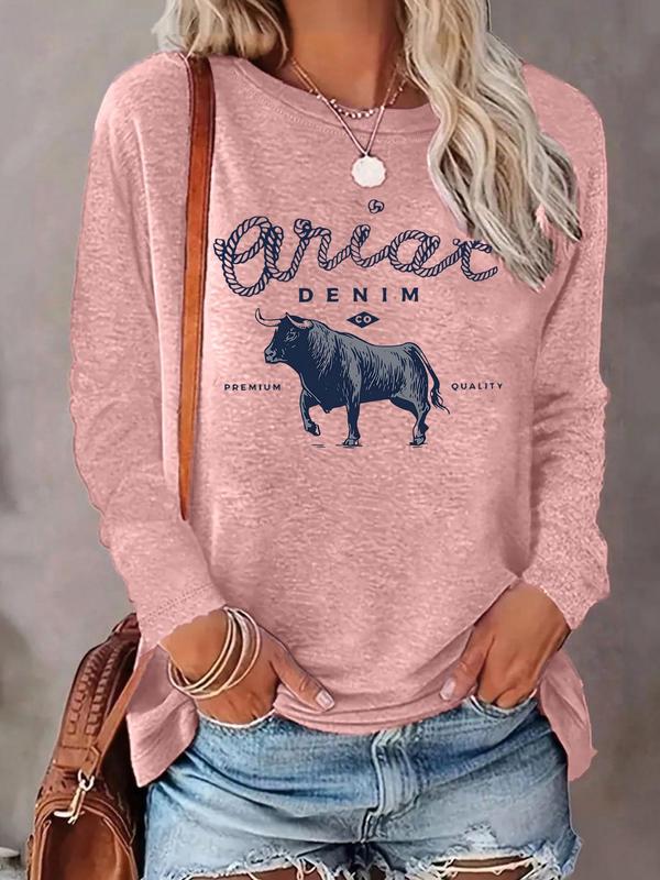 Women's Bull & Letter Print Round Neck Tee, T Shirts for Women, Casual Long Sleeve Crew Neck T-shirt for Daily Wear, Ladies Clothes for All Seasons