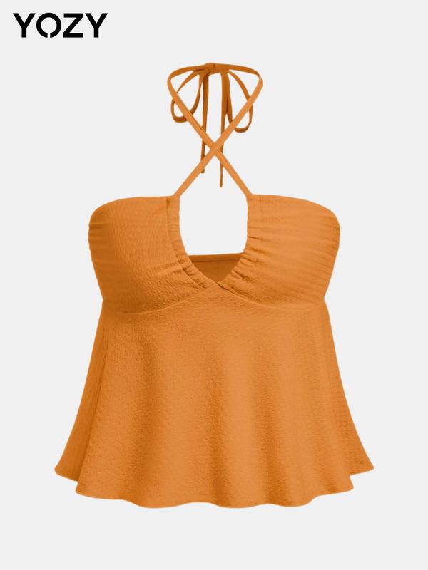 YOZY [6 colors, size 0 2-14] Textured Backless Ruched Halter Crop Top, Casual Solid Sleeveless Criss Cross Peplum Top, 2024 Women's Summer Outfits for Daily Wear