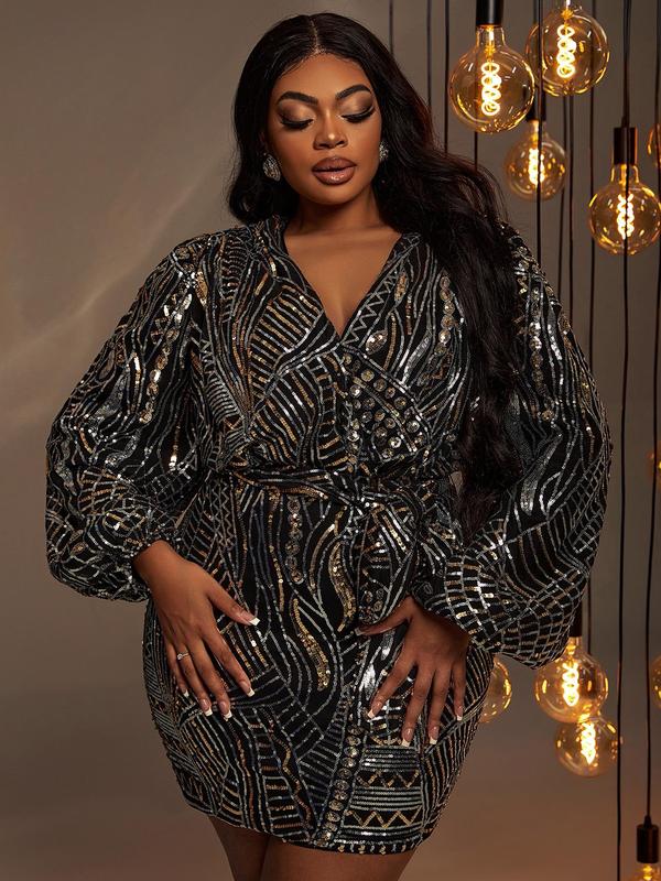 Plus Size All Over Sequins Wrap V Neck Belted Bodycon Dress, Elegant Lantern Sleeve Short Evening Party Gown, Women's Clothes for Spring & Fall