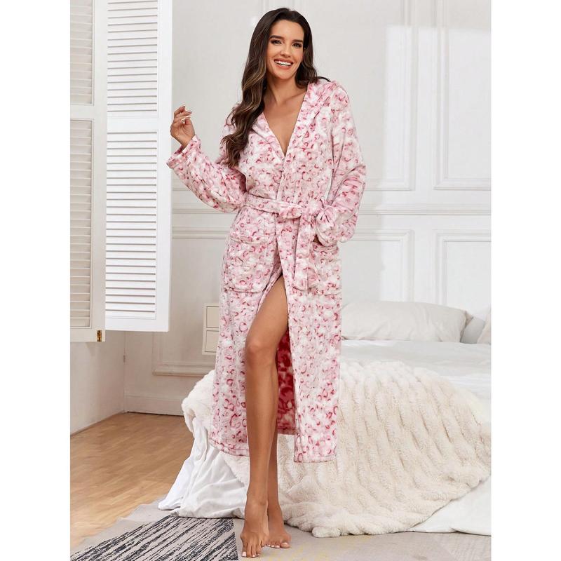 One-Piece Set Of Simple Printing Color Female Autumn And Winter Thickened Grey Leopard Print Warm Lapel Robe Suitable For Home Use