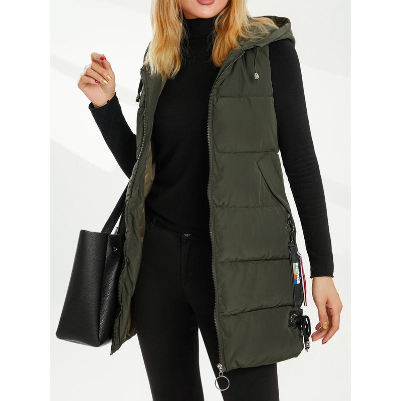 Women Down Jacket Waistcoat Solid Color Drawstring Hooded Sleeveless Zipper-Up Vests Autumn Winter Casual Warm Outerwear Womenswear Check