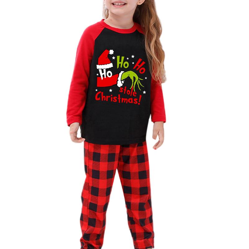 Family Matching Christmas Pajamas, Baby Romper Dog Clothes Letter Green Monster Hand Print Tops and Plaid Pants Sleepwear Set