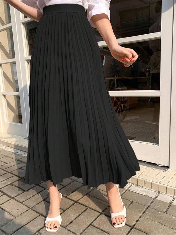 Vintage Women's Solid High Waist Pleated Skirt, Elegant Fashion Casual Long Skirt for Daily Wear, Ladies Bottoms for All Seasons