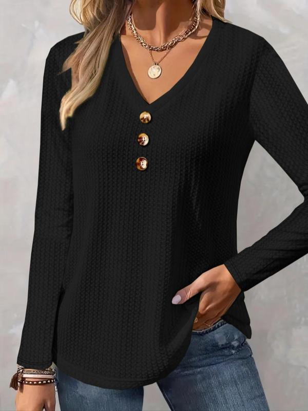  Solid Button Front V Neck Tee, Casual Long Sleeve T-Shirt for Fall & Winter, Women's Plus Clothing for Daily Wear