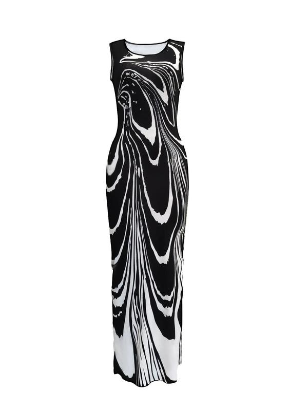 Women's All Over Print Split Hem Tank Dress, Elegant Scoop Neck Sleeveless Long Dress for Party Holiday Wedding Guest, Ladies Summer Clothes