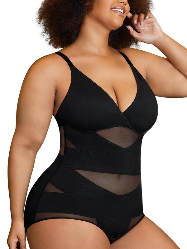 Plus Size Contrast Mesh Sheer Shapewear Bodysuit, Adjustable Strap High Stretch Shaper, Tummy Control Butt Lifter, Women's Shapewear for All Seasons