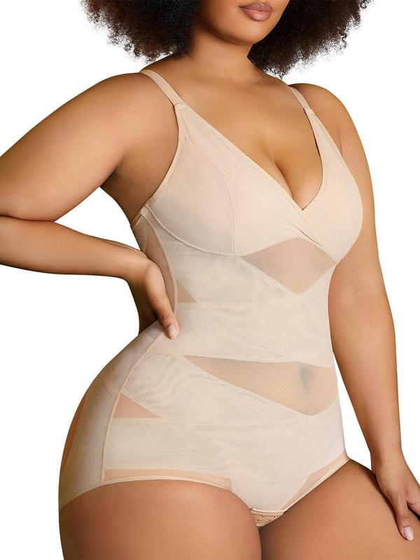 Plus Size Contrast Mesh Sheer Shapewear Bodysuit, Adjustable Strap High Stretch Shaper, Tummy Control Butt Lifter, Women's Shapewear for All Seasons