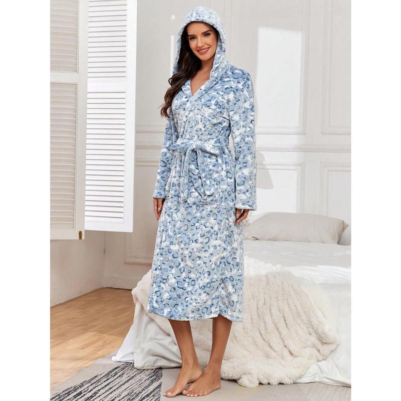 One-Piece Set Of Simple Printing Color Female Autumn And Winter Thickened Grey Leopard Print Warm Lapel Robe Suitable For Home Use