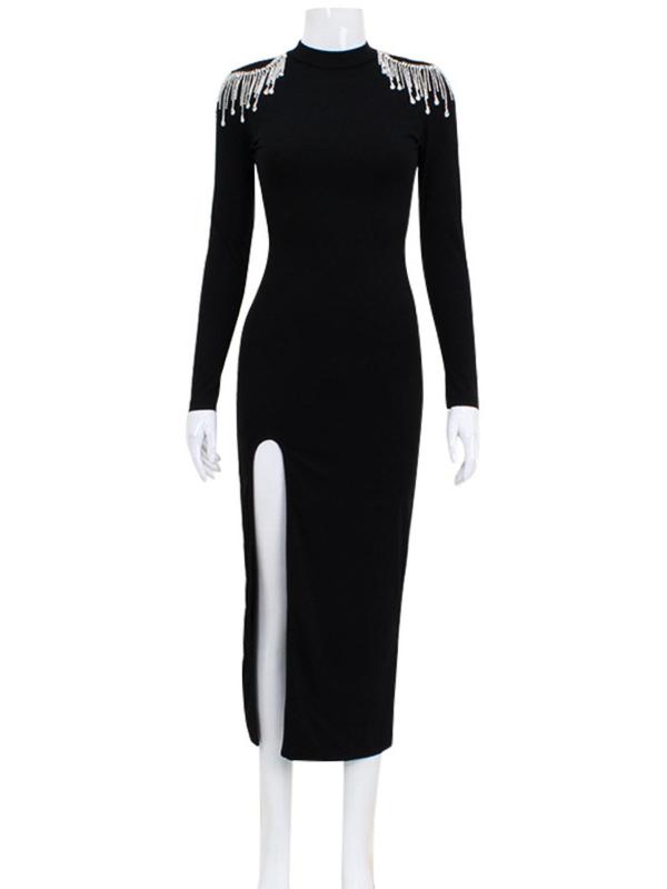 Women's Rhinestone Decor Split Thigh Bodycon Dress, Elegant Long Sleeve Stand Collar Evening Party Gown, Ladies Clothes for All Seasons