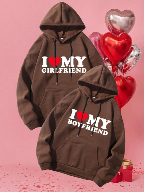 Couple's Heart & Letter Print Drop Shoulder Hoodie, Casual Drawstring Pocket Hooded Sweatshirt, 2024 Trendy Couple Clothing for Fall & Winter