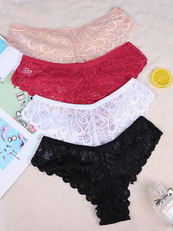 Women's 4pcs Solid Lace Thongs, Sexy Casual Soft Comfy Breathable Knicker for Daily Wear, Ladies Sexy Underwear for All Seasons