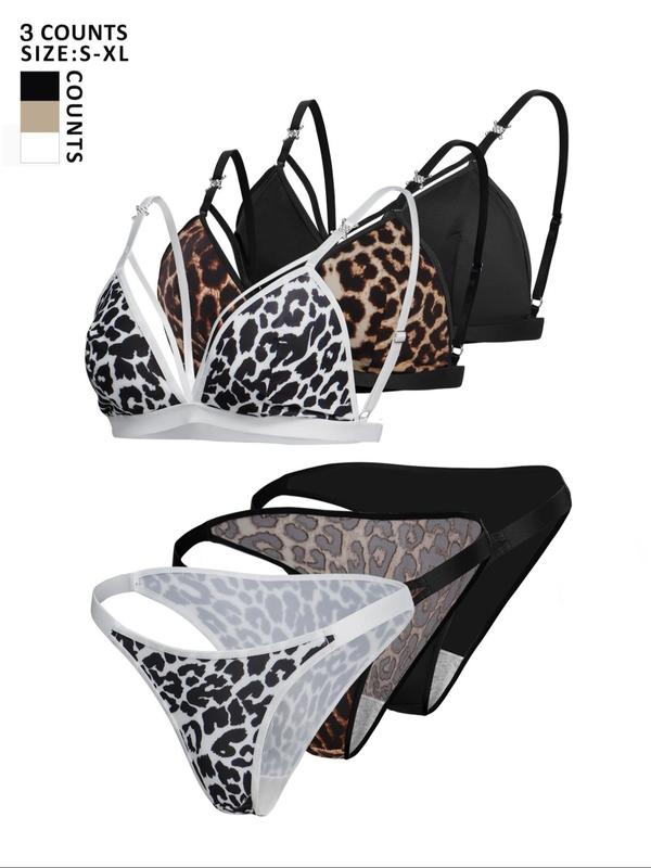 Women's Leopard Print Triangle Bra & Panty Underwear Set, Soft Comfy Seamless Breathable Push Up Bra & Panty Set, Lingerie Set for Women