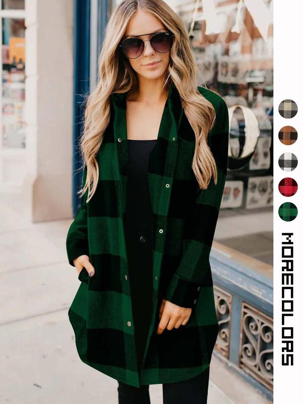 Women's Plaid Print Button Front Overcoat, Casual Long Sleeve Pocket Woolen Coat for Fall & Winter, Ladies Clothes for Daily Wear