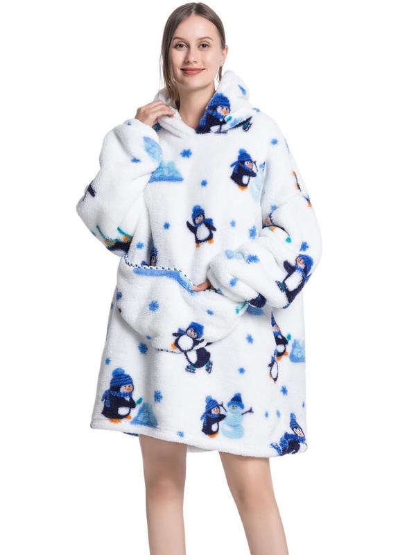 Women's Print Drop Shoulder Hooded Flannel Robe, Casual Long Sleeve Pocket Design Halloween Hooded Robe, Ladies Fall & Winter Sleepwear