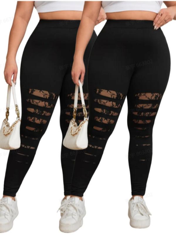 Plus Size Contrast Lace Sheer Leggings, Casual High Waist Skinny Pants for Daily Wear, Women's Bottoms for Fall