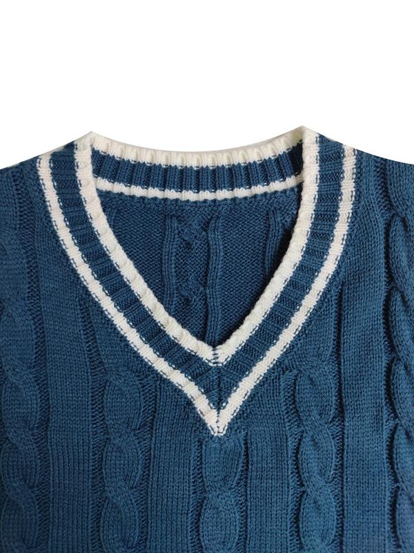 Women's Contrast Binding V Neck Cable Knit Sweater Vest, Casual Textured Sleeveless Knitwear for Fall & Winter, Fashion Ladies' Knitwear for Daily Wear