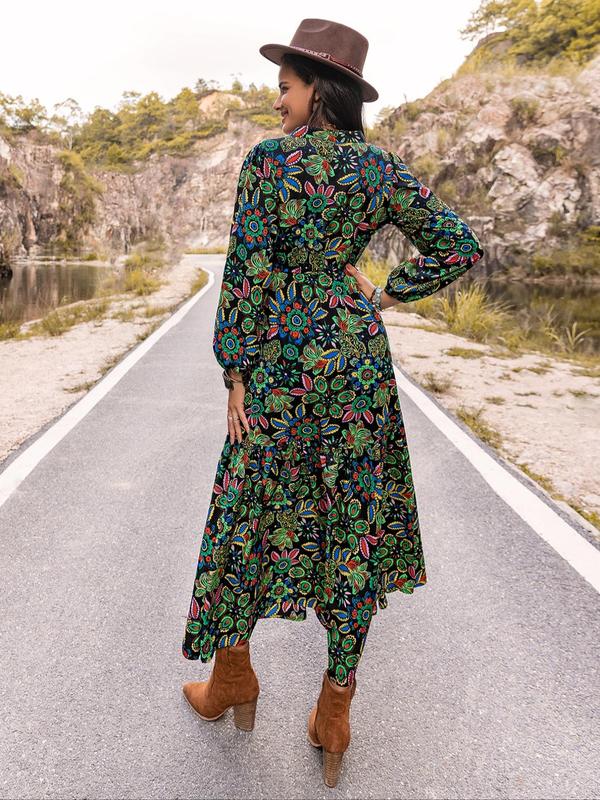 Women's Western Style Floral Print Embroidered Trim Bishop Long Sleeve Notched Neck A-line Long Vintage Dress, Holiday Dresses for Women, Dresses for Party,  Fall Dresses 2024, Boho Casual Maxi Milkmaid Dress for Vacation 80s