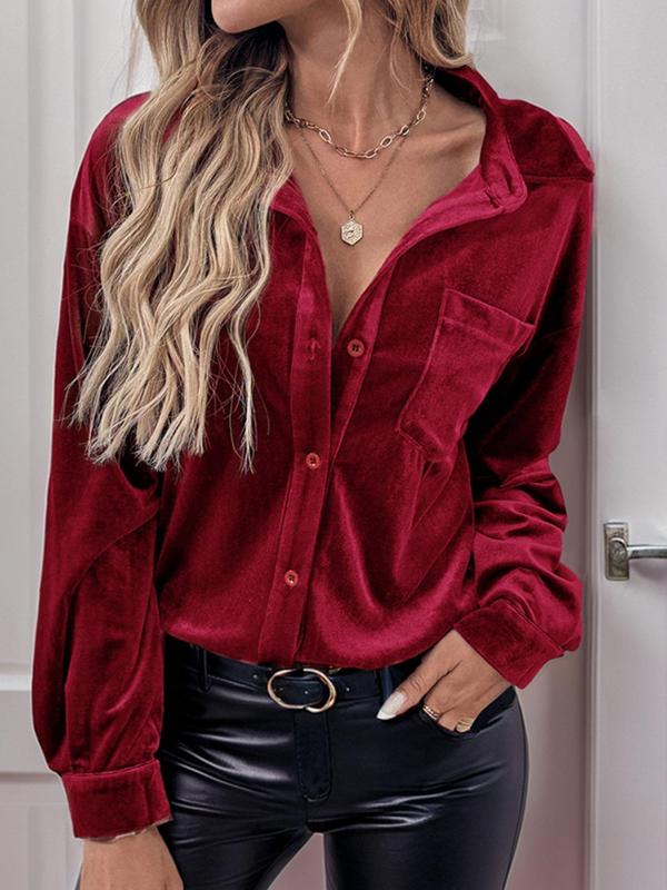 Women's Solid Button Front Drop Shoulder Velvet Shirt, Casual Long Sleeve Collared Top for Fall & Winter, Women's Clothes for Daily Wear