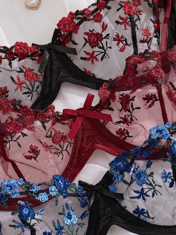 Women's Floral Embroidery Contrast Mesh Sheer Sexy Lingerie Set, Sexy Elegant Back To School Underwire Bra & Thong Set, Ladies Sexy Underwear Set for Fall