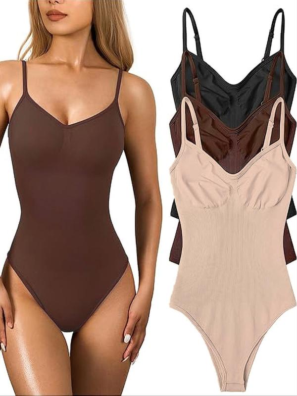 Women's Solid Adjustable Strap Cami Bodysuit, Casual Sleeveless Spaghetti Strap Bodysuit for Daily Wear, Ladies Clothes for All Seasons