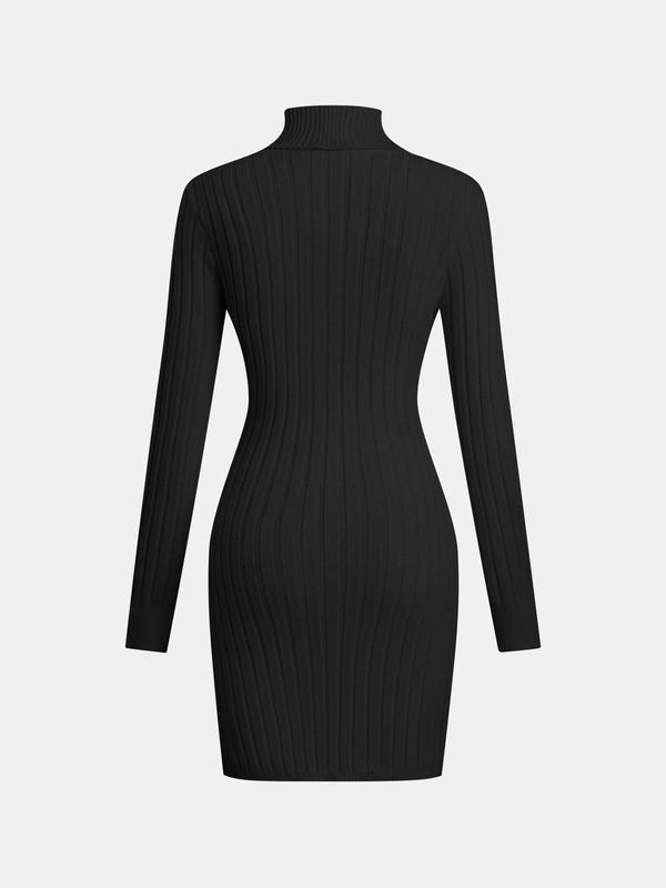 YOZY Christmas Deals, Women's Solid Split Thigh High Neck Sweater Dress, Casual Long Sleeve Ribbed Knit Dress for Fall & Winter, Women's Clothing for Daily Wear, Christmas 2024 Trend, Fall & Winter Clothes