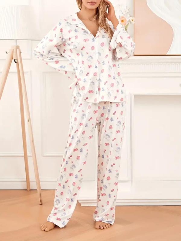 Women's Fruit Print Lapel Pocket Shirt & Elastic Waist Pants Pyjama, Casual Comfy Button Front Split Hem Drop Shoulder Top & Trousers Pj Set, Women's Sleepwear for Spring & Fall