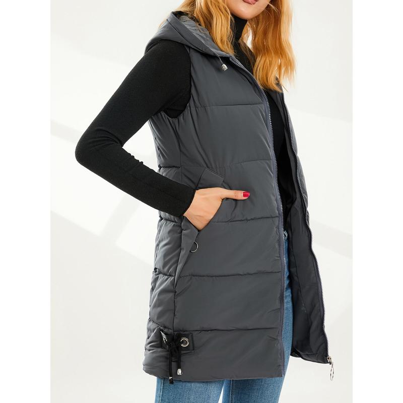 Women Down Jacket Waistcoat Solid Color Drawstring Hooded Sleeveless Zipper-Up Vests Autumn Winter Casual Warm Outerwear Womenswear Check