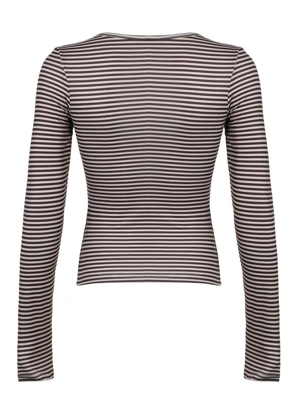 Women's Striped Print Bow Front V Neck Skinny Tee, Casual Long Sleeve T-Shirt for Daily Wear, Ladies Clothes for All Seasons