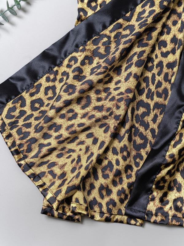 Plus Size Leopard Print Contrast Binding Belted Wrap Robe, Elegant Long Sleeve V Neck Satin Robe for Women, Women's Sleepwear for All Seasons, Fall Wear, Fallfreshness Clothes