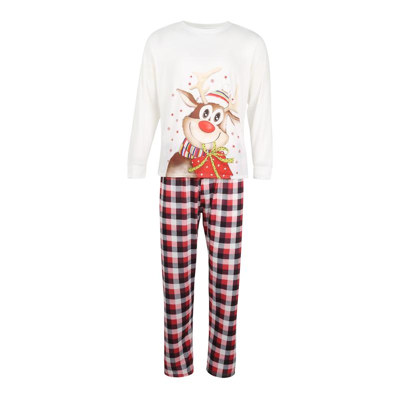 Matching Christmas Pajamas For Family, Elk Print O-Neck Long Sleeve Tops+ Plaid Long Pants for Kids Adults