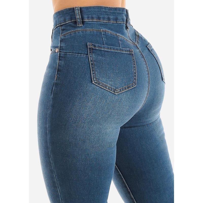 Classic One Button Butt Lifting Bootcut Jeans Med Blue