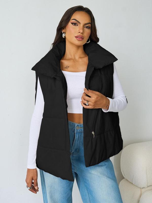 Women's Solid Zip Up Pocket Vest Coat, Casual Stand Collar Sleeveless Gilet for Fall & Winter, Flat Gilet, Women's Clothing for Daily Wear