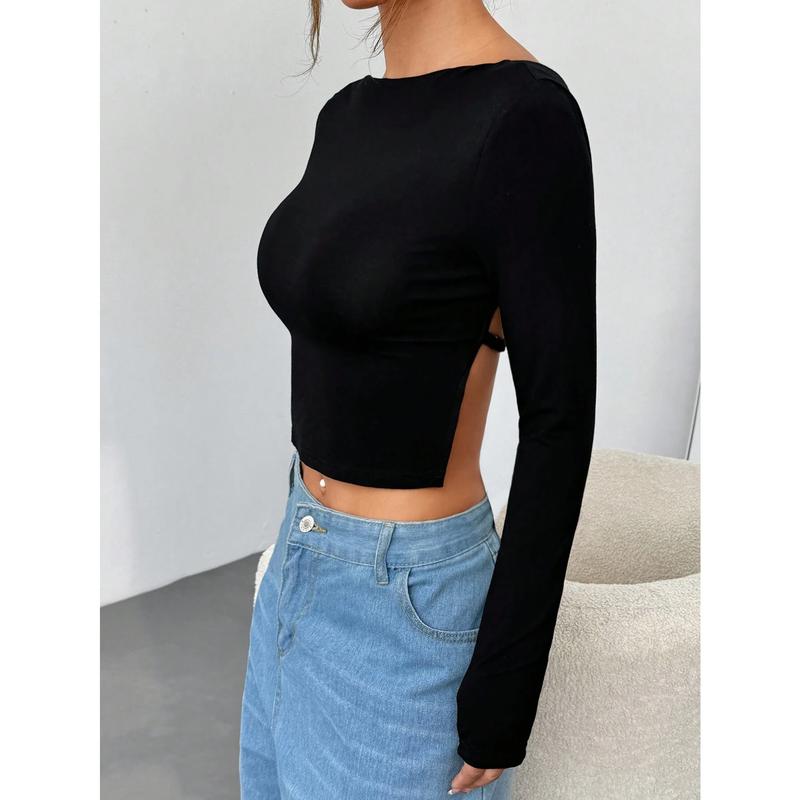 Black Knitted Open Back Women's T-Shirt alara  brazil crop top loewe  tank top bozzolo  crop tops